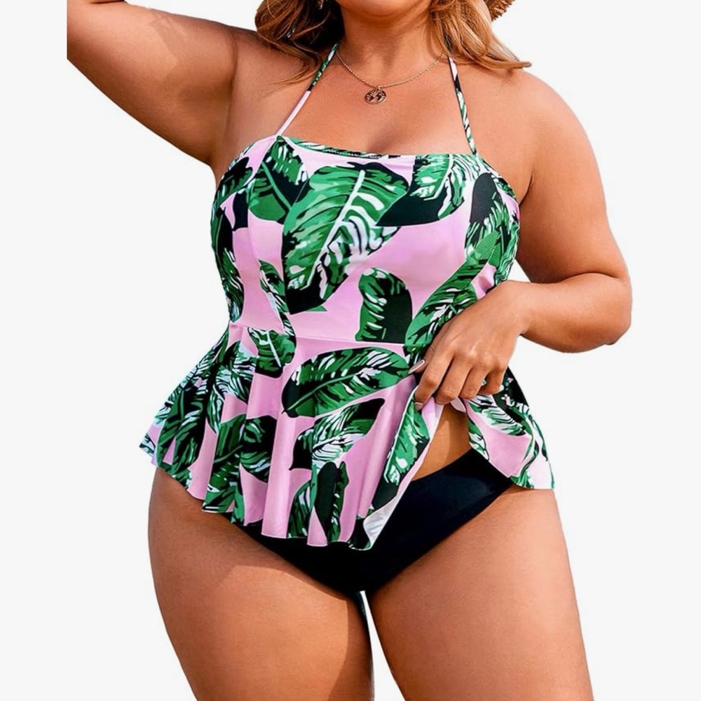 Tropical Leaf Print Halter Swim Top